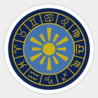 Astrological Zodiac Symbols Wheel+Sun Gold+Blues Sticker